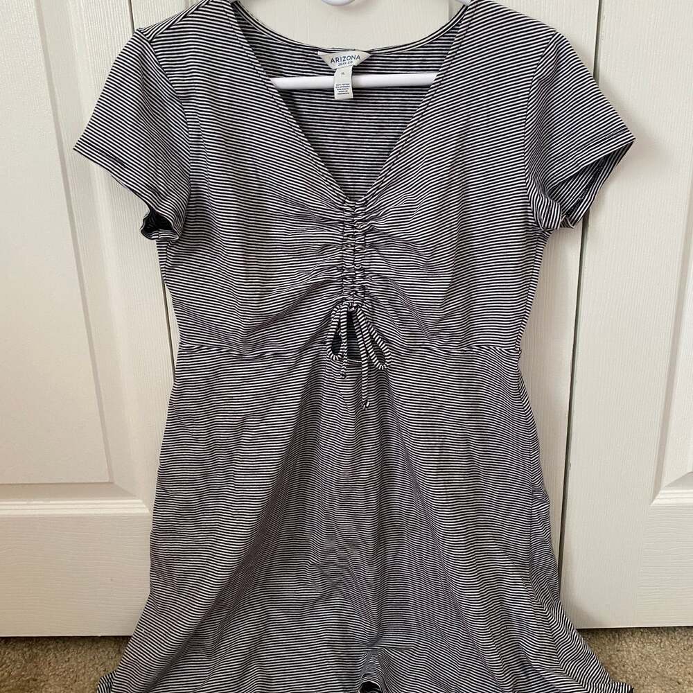 Arizona Jean Company Black & White Striped Short Sleeve Keyhole Mini Dress XL